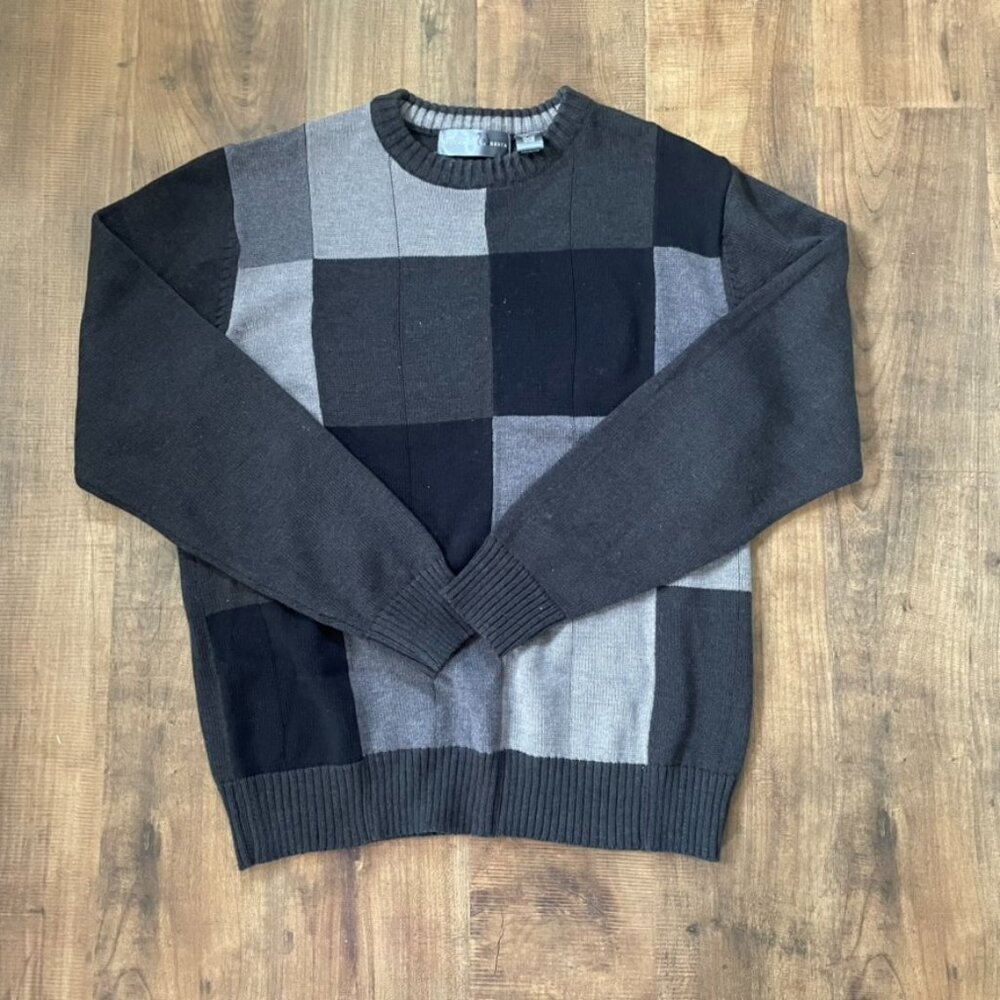 Oscar de la Renta Men’s L Crewneck Sweater Black Gray Block Check Cotton Blend